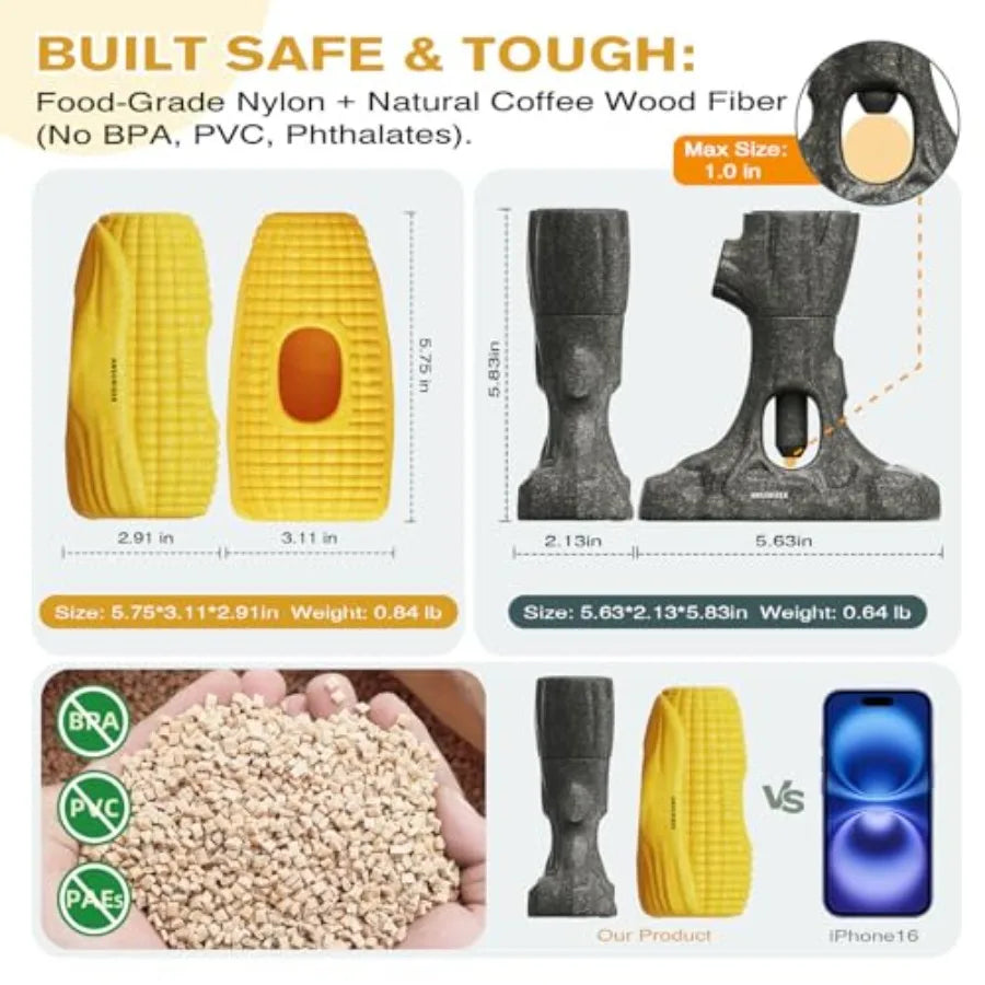 2-in-1 Durable Dog Toy Bundle for Small to Large Dogs: Bully Stick Holder Frozen Treat Slow Feeder in Natural Color Food-Safe I