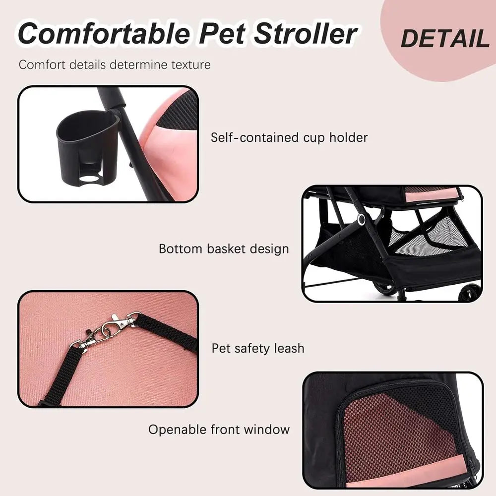 Stroller, 4 Wheels Easy-Fold Pet Cat Stroller for 10-36 lbs Small/Medium Dogs and Cats with Storage Basket & Cup Holder, Breatha