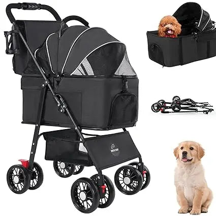Pet Dog Stroller for Small Medium Dogs 10-50 lbs, Foldable Cat-Strollers for 2-Cats with Removable Carrier, Pet-Strollers