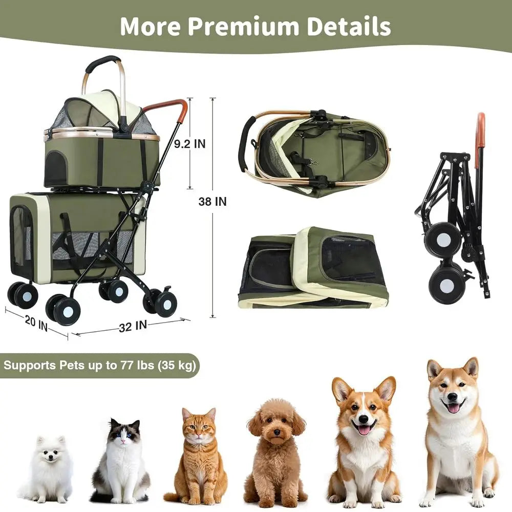Pet Stroller Foldable Travel Carriage with Detachable Carriers, Safety Belts, and 4 Lockable Wheels for Small to Medium Pets – I