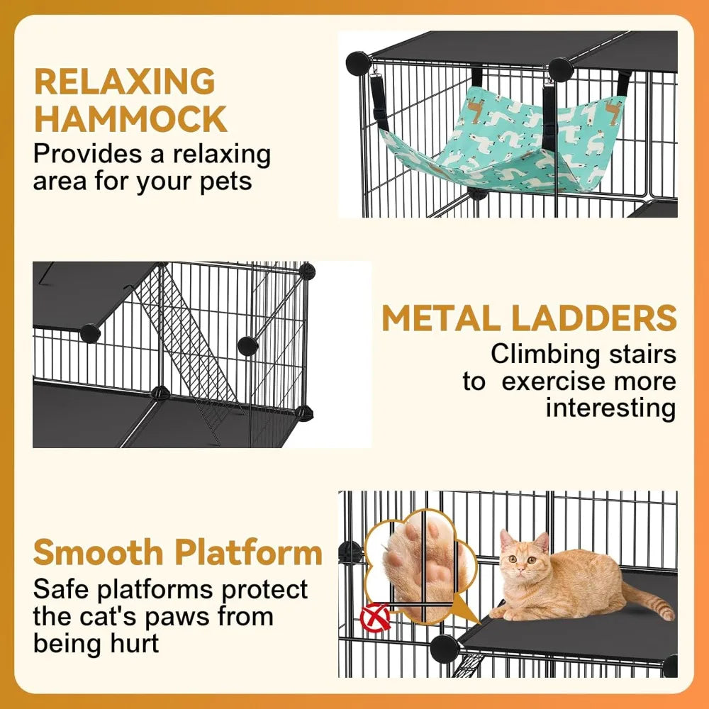 Cat Cage, 3-Tier DIY Catio Cat Enclosures, Cat Playpen Indoor & Outdoor with Hammock, Detachable Metal Wire Kennel Cats Crate, 2