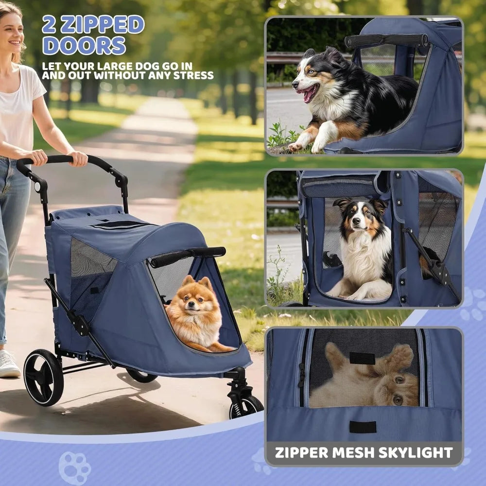 Pet Stroller for Medium Dogs with Adjustable Handle, 3-Wheel Dog Cat Wagon with Dual Entry, Rear Storage, Breathable Mesh