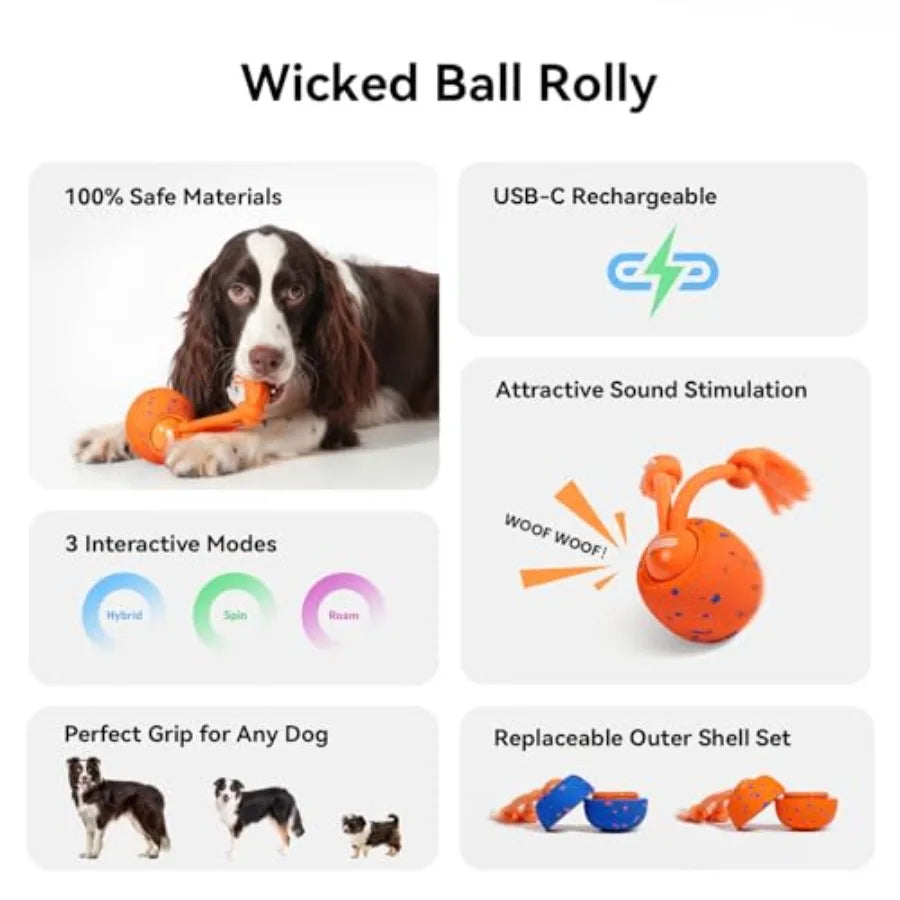 Smart Interactive Dog Toy Wicked Ball Rolly Automatic Moving Bouncing Rotating E-TPU Material with Rope Barks Sound Active Roll