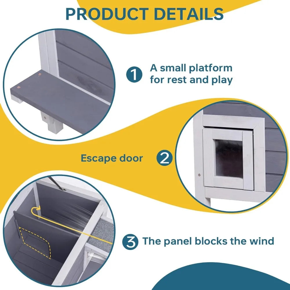 Large Weatherproof Wooden Feral Cat Shelter with Insulation and Escape Door for Outdoor Winter Use