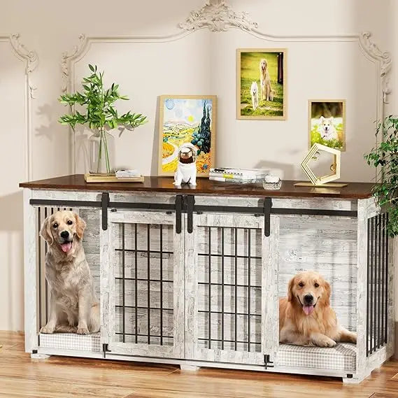 EBE Dog Crate Furniture, 63''Wooden Dog Kennel with Removable Divider and Sliding Door, Dog Crates with Double Rooms, Heavy Duty
