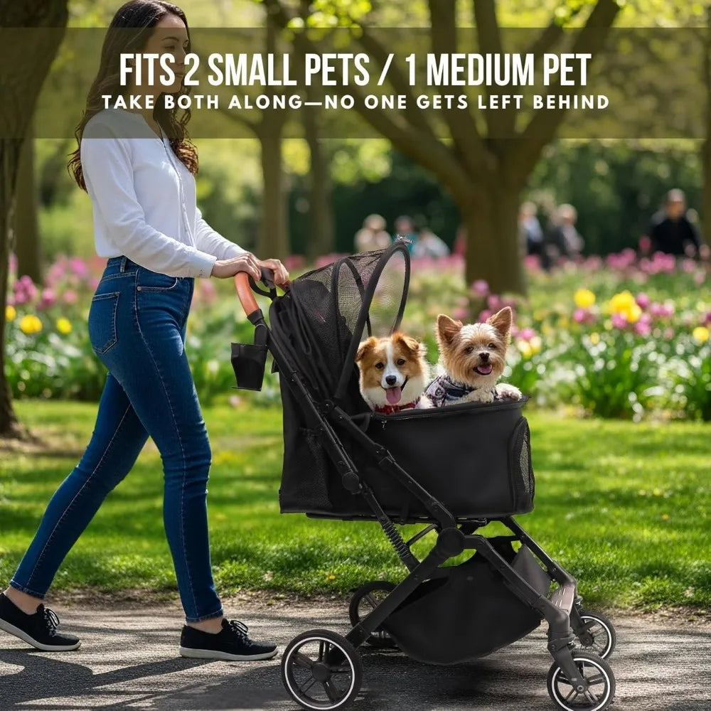 Stroller for Small Medium Dogs Cats Up to 45 lbs, Travel Lite Collapsible, All Terrain 4 Wheels for Jogging, Running, Grey