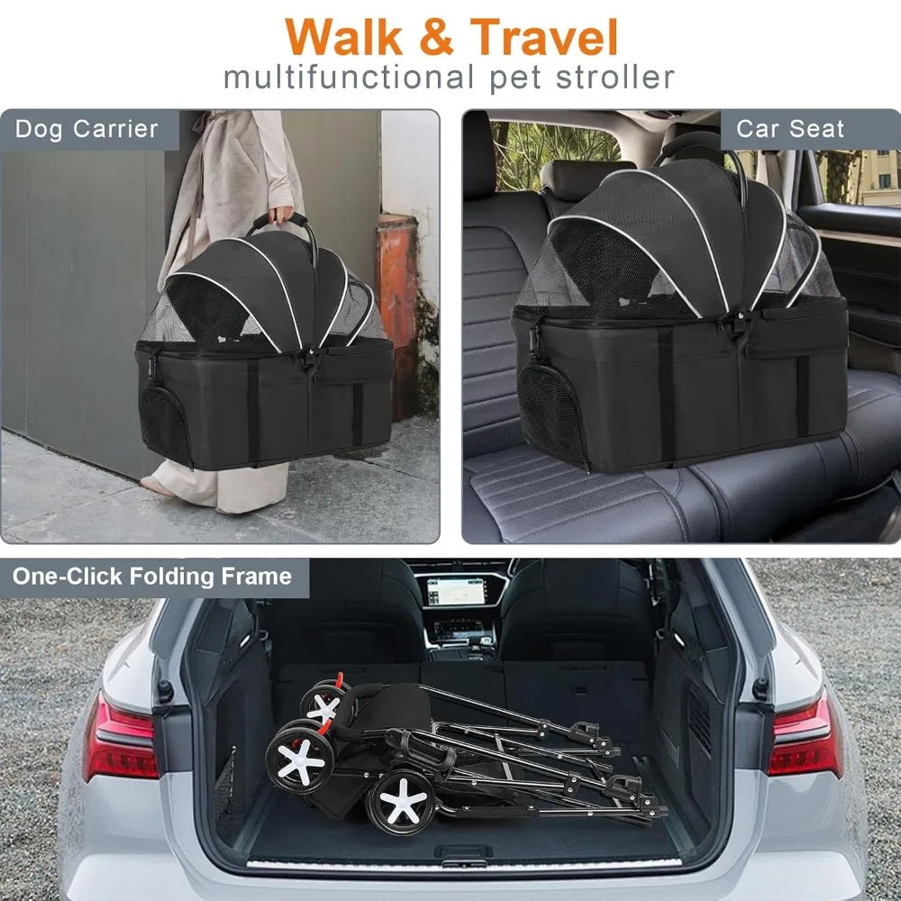 Pet Dog Stroller for Small Medium Dogs 10-50 lbs, Foldable Cat-Strollers for 2-Cats with Removable Carrier, Pet-Strollers
