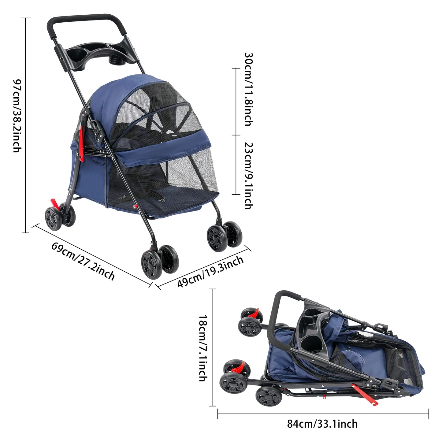 Foldable Pet Travel Cart for Small to Medium Dogs and Cats, Pet Cart with Water Cup Holder Compact & Portable, Smooth Mobility