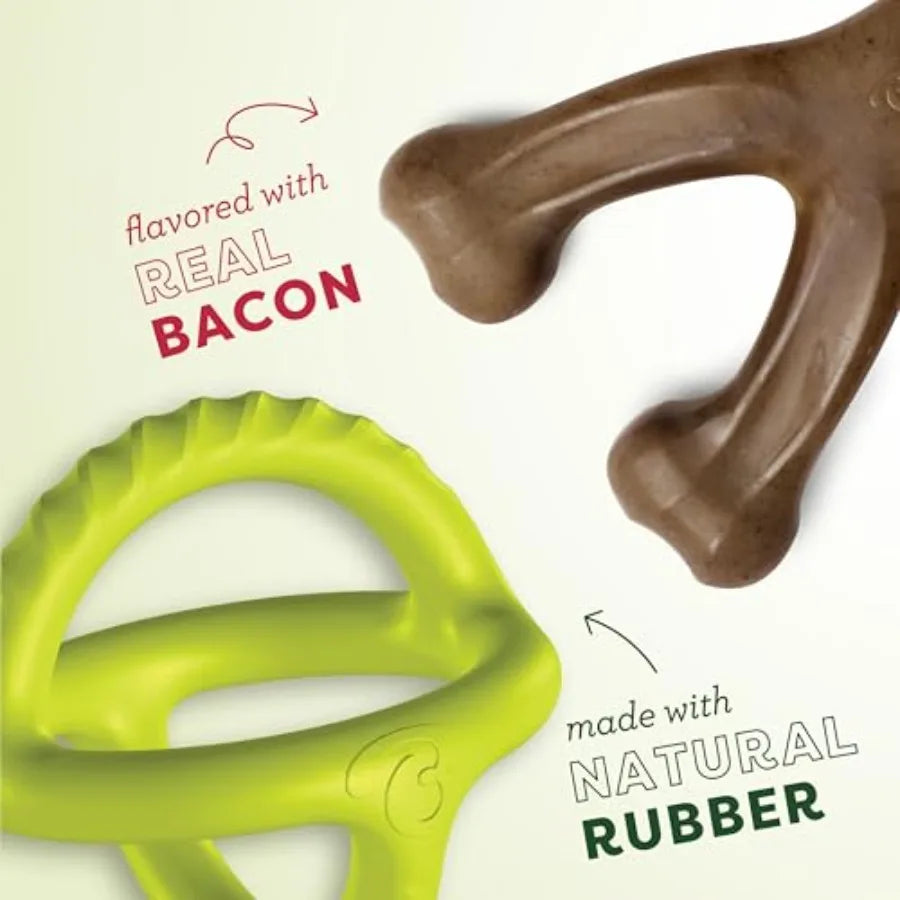 Bundle of Wishbone Durable Dog Chew Toy for Aggressive Chewers Real Bacon Made in USA Medium + Natural Rubber Tug Interactive D