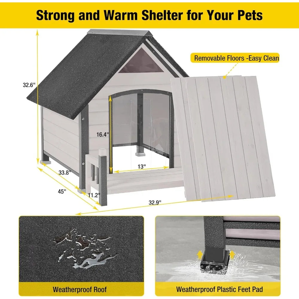 Aivituvin Dog House Outdoor with Metal Frame, Dog Kennel Outside for Small to Medium Breed, 45 Weatherproof Large Dog Shelter wi