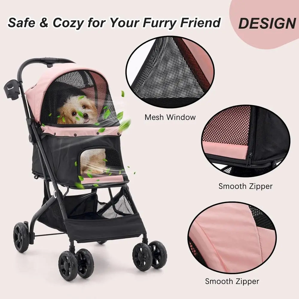 Stroller, 4 Wheels Easy-Fold Pet Cat Stroller for 10-36 lbs Small/Medium Dogs and Cats with Storage Basket & Cup Holder, Breatha