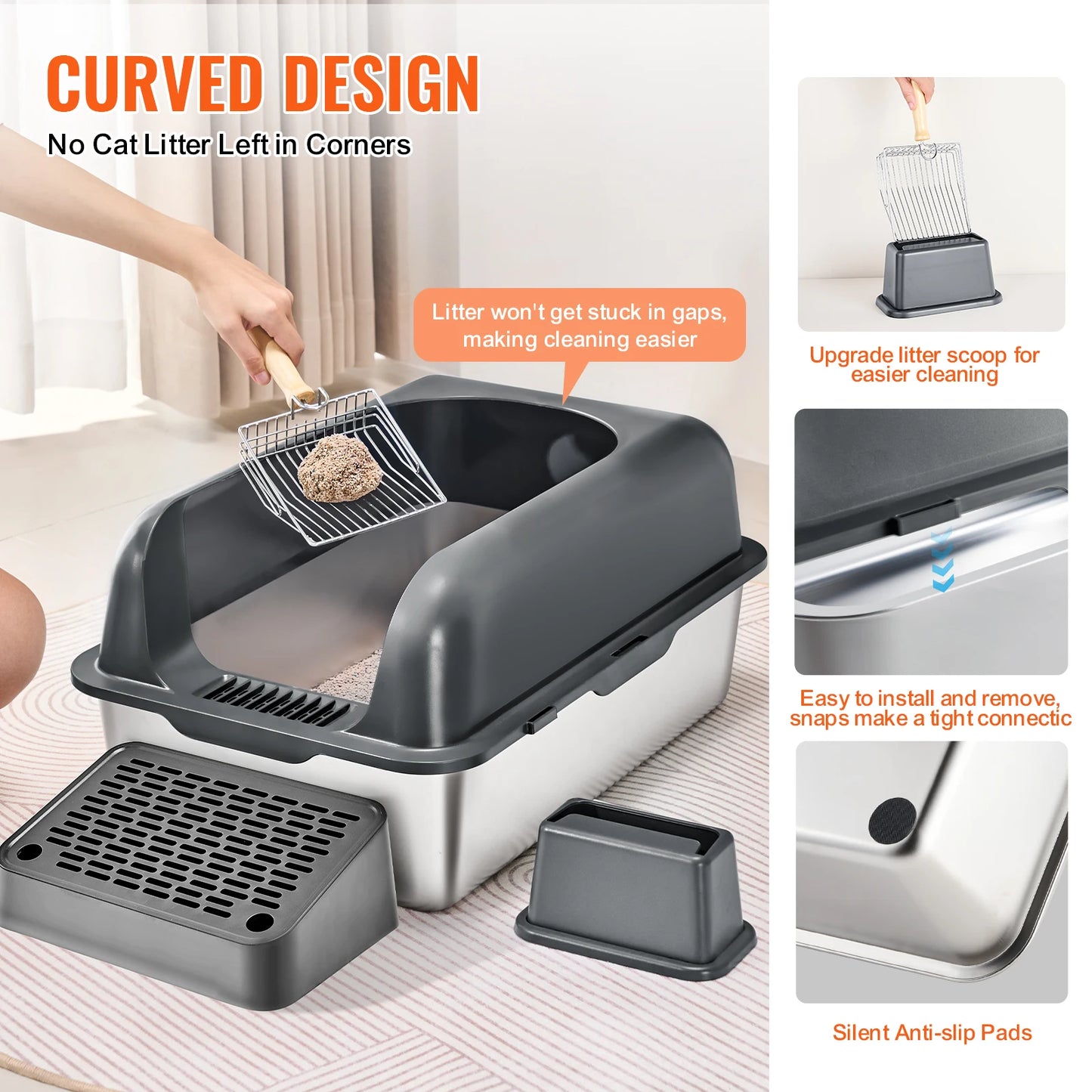 SucceBuy Cat Litter Box 6 inches Deep Extra Large Stainless Steel Cat Litter Box with Scoop Wide Filtering Foot Board&High Sides