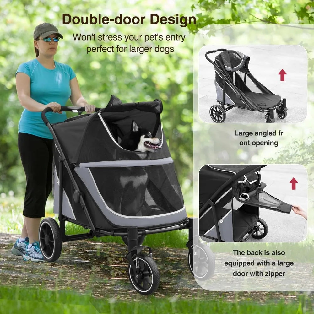 Stroller for Medium/Large Dogs One-Click Folding, Extra Large Pet Stroller for 2 Dogs with Storage Pocket & Shock Absorption
