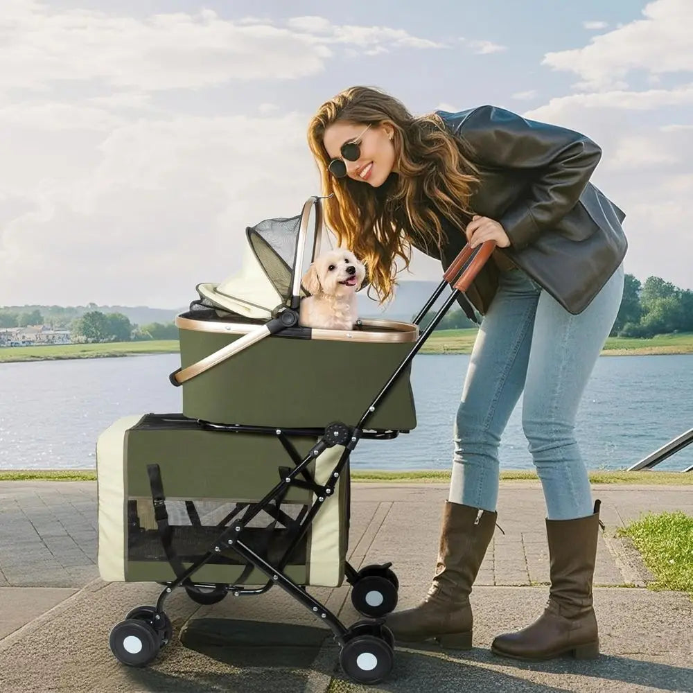 Pet Stroller Foldable Travel Carriage with Detachable Carriers, Safety Belts, and 4 Lockable Wheels for Small to Medium Pets – I