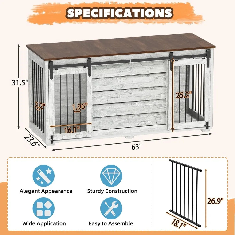 EBE Dog Crate Furniture, 63''Wooden Dog Kennel with Removable Divider and Sliding Door, Dog Crates with Double Rooms, Heavy Duty