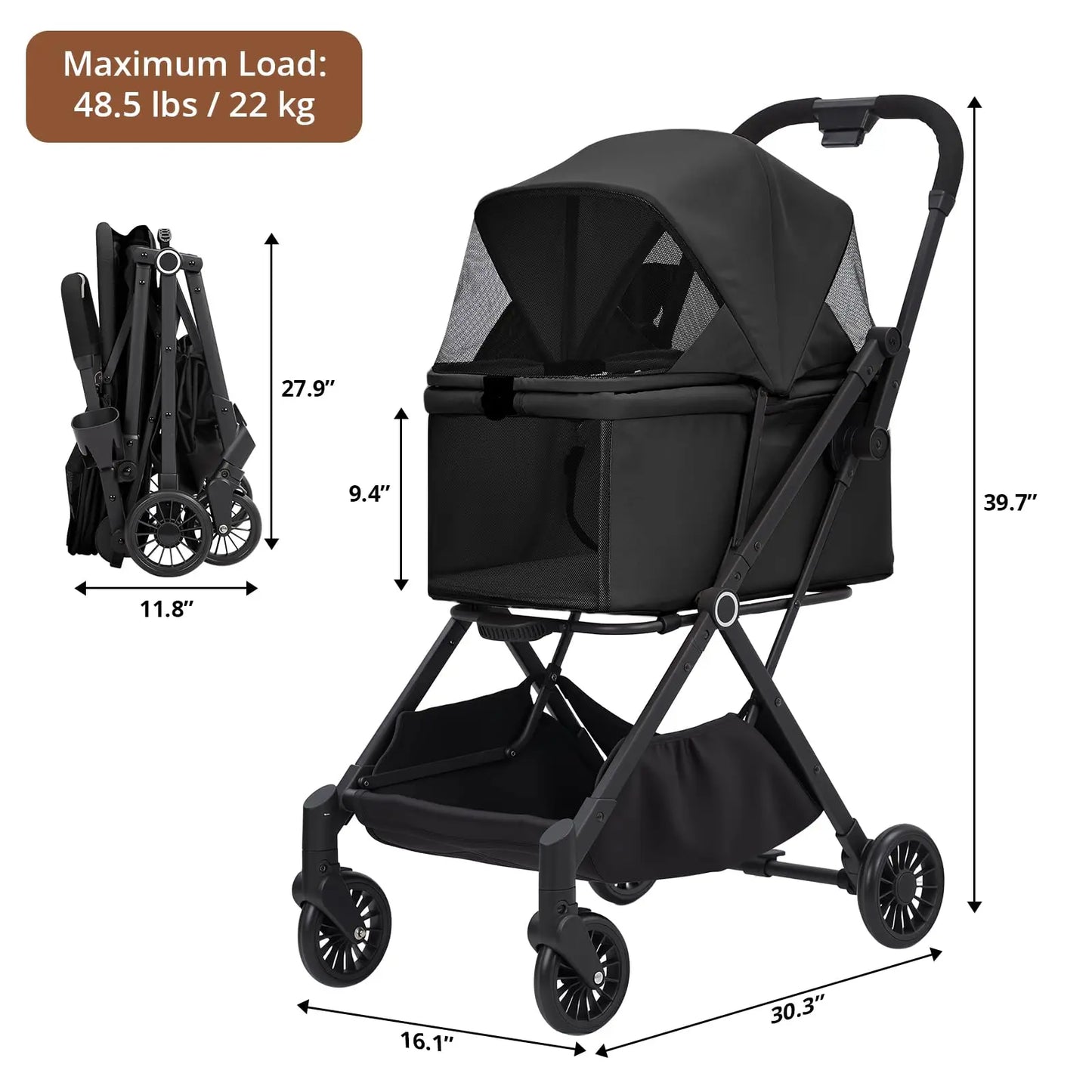 4-Wheel Lightweight Dog Stroller Foldable For Cats Dogs Up to 50 Lbs 360° Swivel Wheels & Foot Brake Weatherproof Pet Stroller