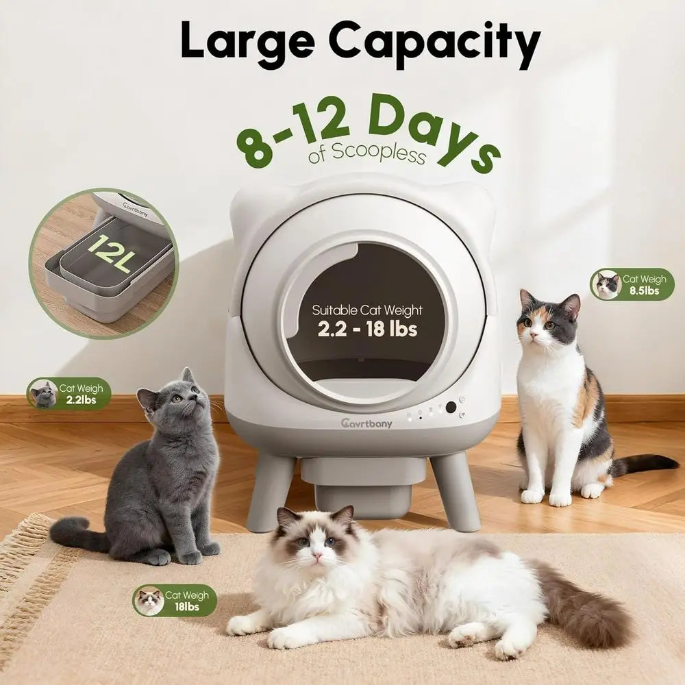 Litter Box, Self Cleaning, Cat Robot for Multiple Cats, Smart APP Control, Health Monitoring, Safety Sensors, Trash Bags, White