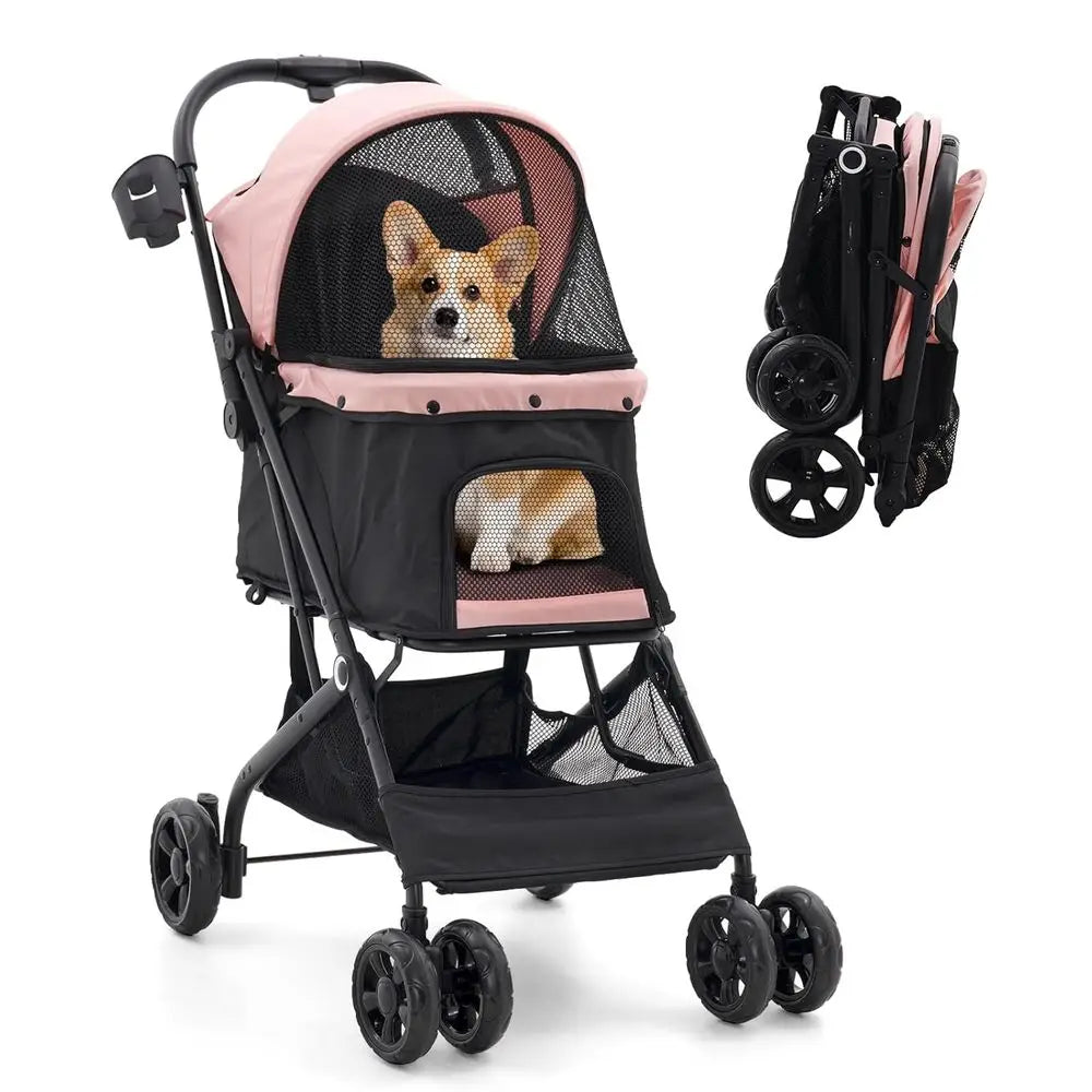 Stroller, 4 Wheels Easy-Fold Pet Cat Stroller for 10-36 lbs Small/Medium Dogs and Cats with Storage Basket & Cup Holder, Breatha