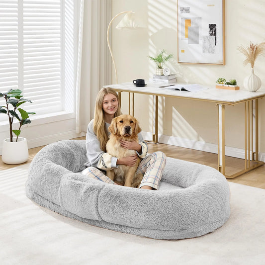 Oversized Human & Pet Shared Bed Plush Fleece Cozy Nest With Elevated Headrest Waterproof Lining Non-Slip Bottom Orthopedic Bed
