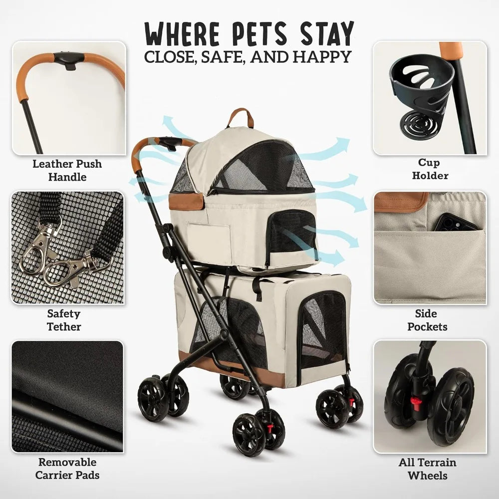 Pet Stroller with Detachable Carriers - Ideal for 2 Dogs or Cats - Compact & Convenient Design - Easy Assembly Double Dog