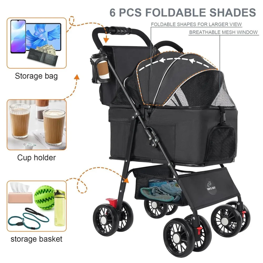 Pet Dog Stroller for Small Medium Dogs 10-50 lbs, Foldable Cat-Strollers for 2-Cats with Removable Carrier, Pet-Strollers