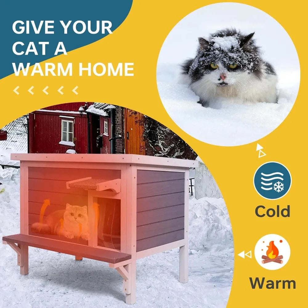 Large Weatherproof Wooden Feral Cat Shelter with Insulation and Escape Door for Outdoor Winter Use