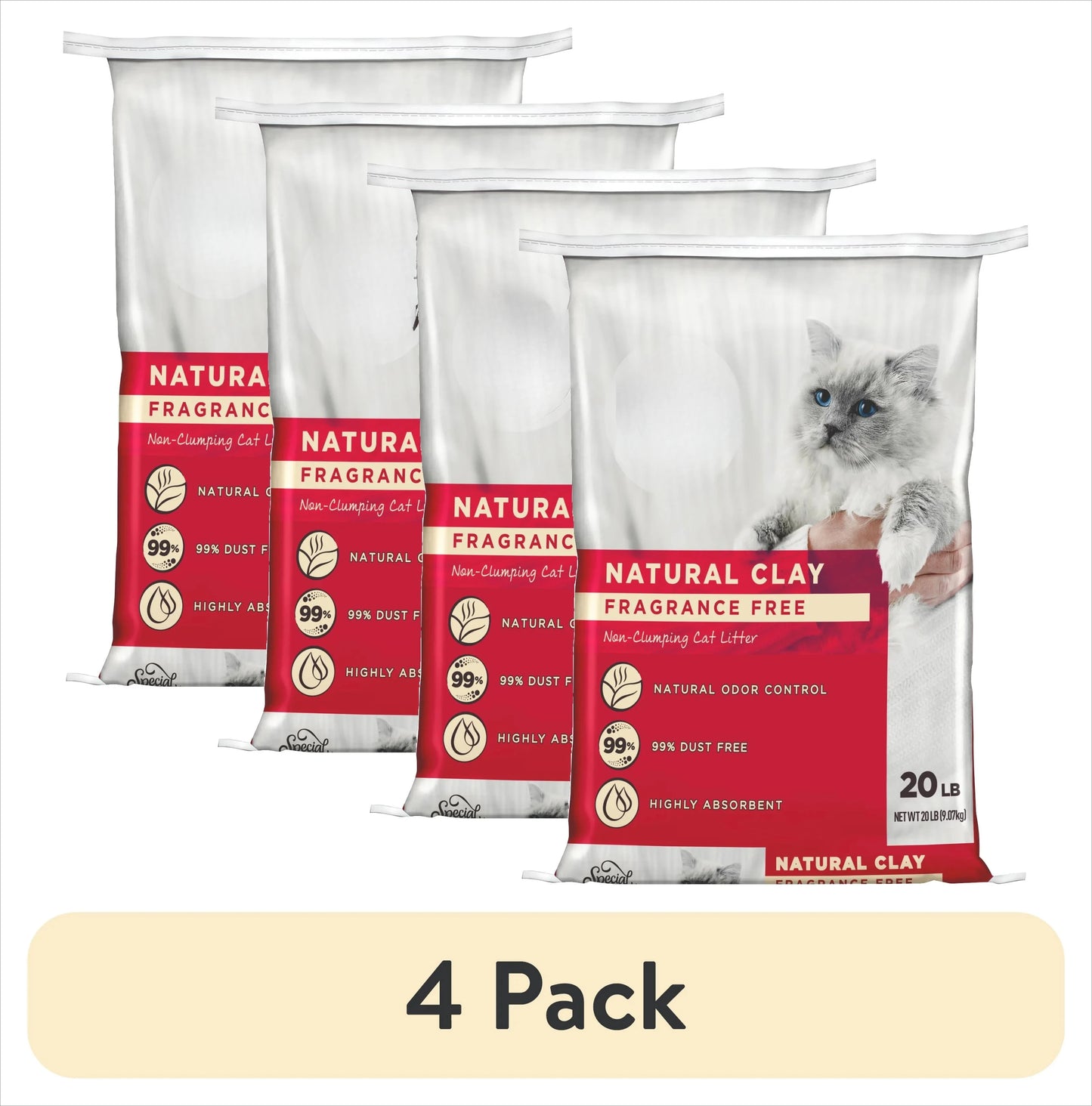 (4 pack) Non-Clumping Unscented Natural Clay Litter, 20 lbs