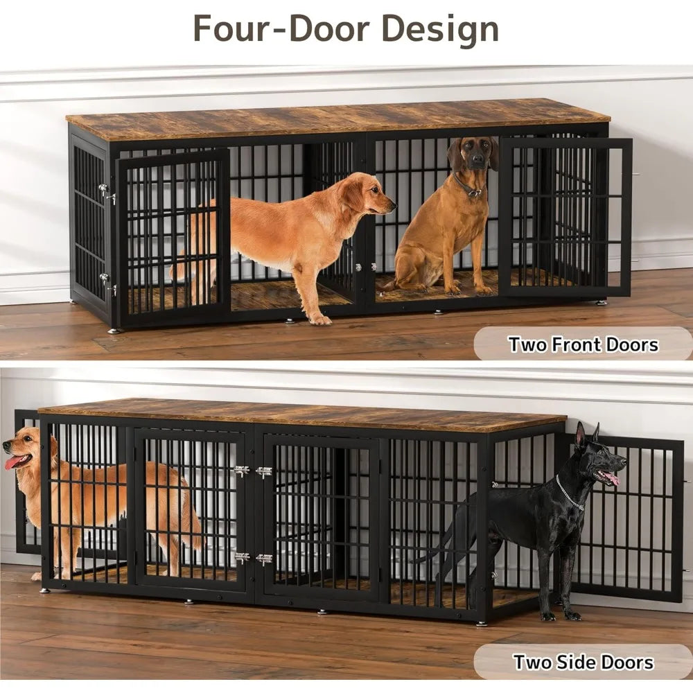 78 Inch Double Dog Crate Furniture, Heavy Duty Extra Large Cage Furniture with Divider for 2 Dogs, Decorative Wooden Kennel Furn