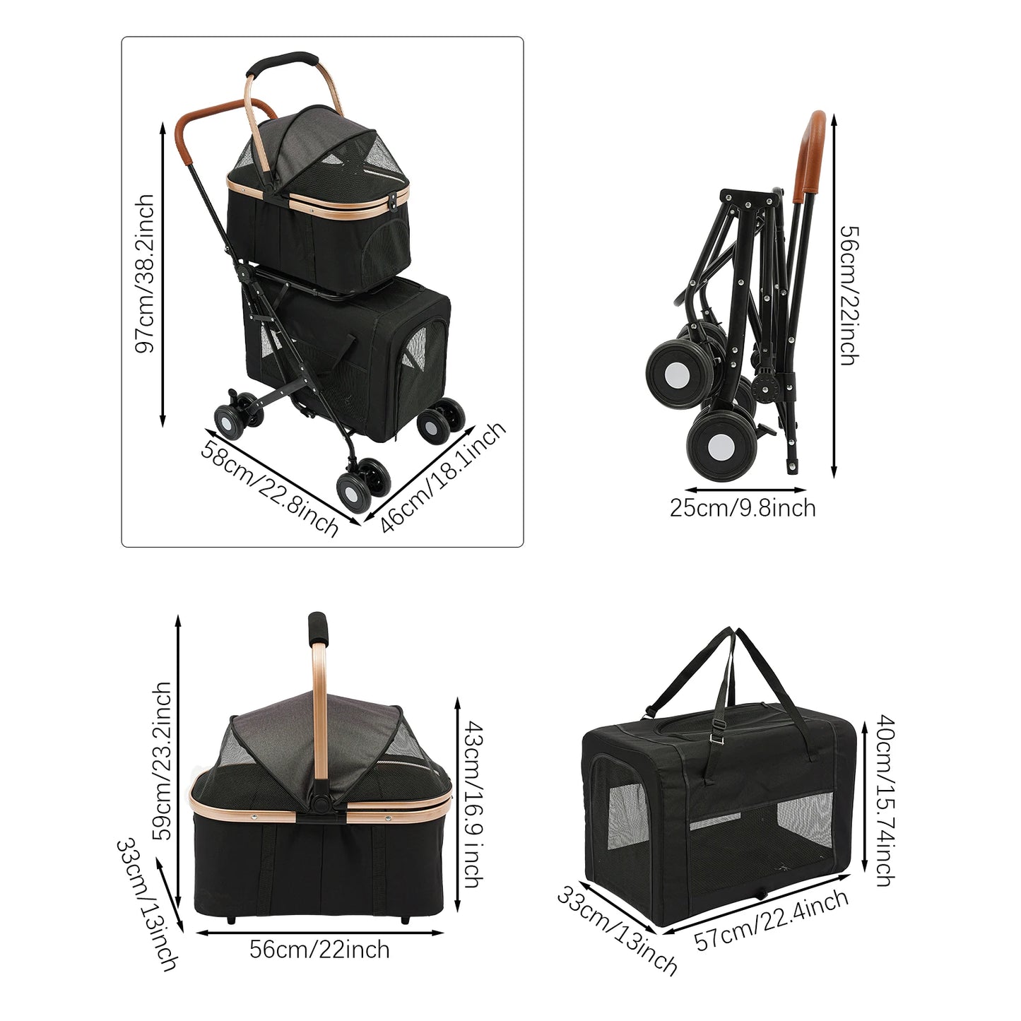 Double Decker Pet Stroller for 2 Cats or Small Dogs, 77lbs Capacity, Detachable Pet Carrier with Breathable Mesh and Soft Pad