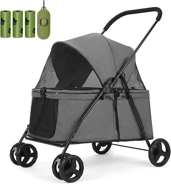 20% Larger Capacity, Dog Stroller for Medium/Small Pets with Dog Poop Bags & Dispenser, Storage Pouch, Zipperless, Entry in