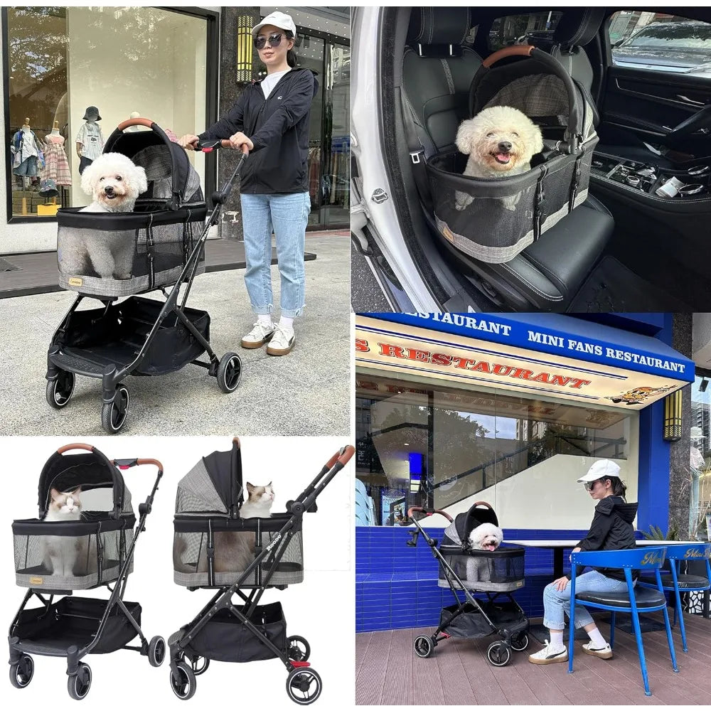 Fashion 3-in-1 Dog Cat Stroller with Detachable Carrier&Car Seat Combo Best Lightweight Folding Portable All-Terrain Travel