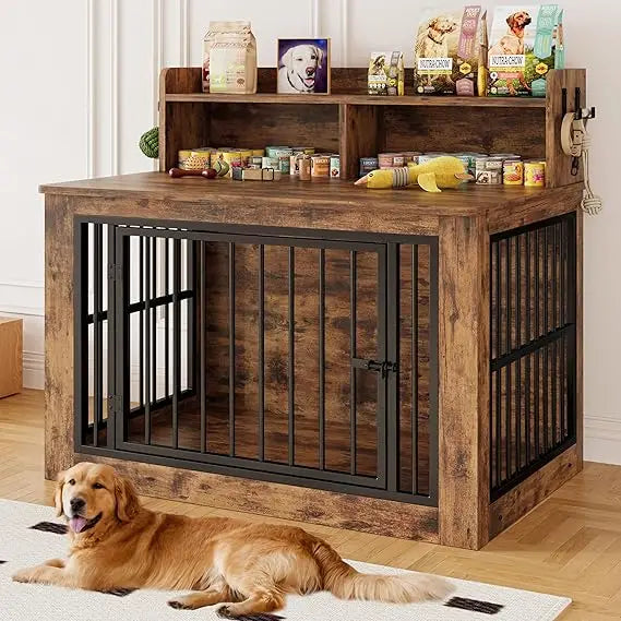 IRONCK Extra Large Dog Crate Furniture, 43.3 inches Wooden Dog Crate with Storage and 4 Hooks, Heavy Duty Pet Crate for Large Do