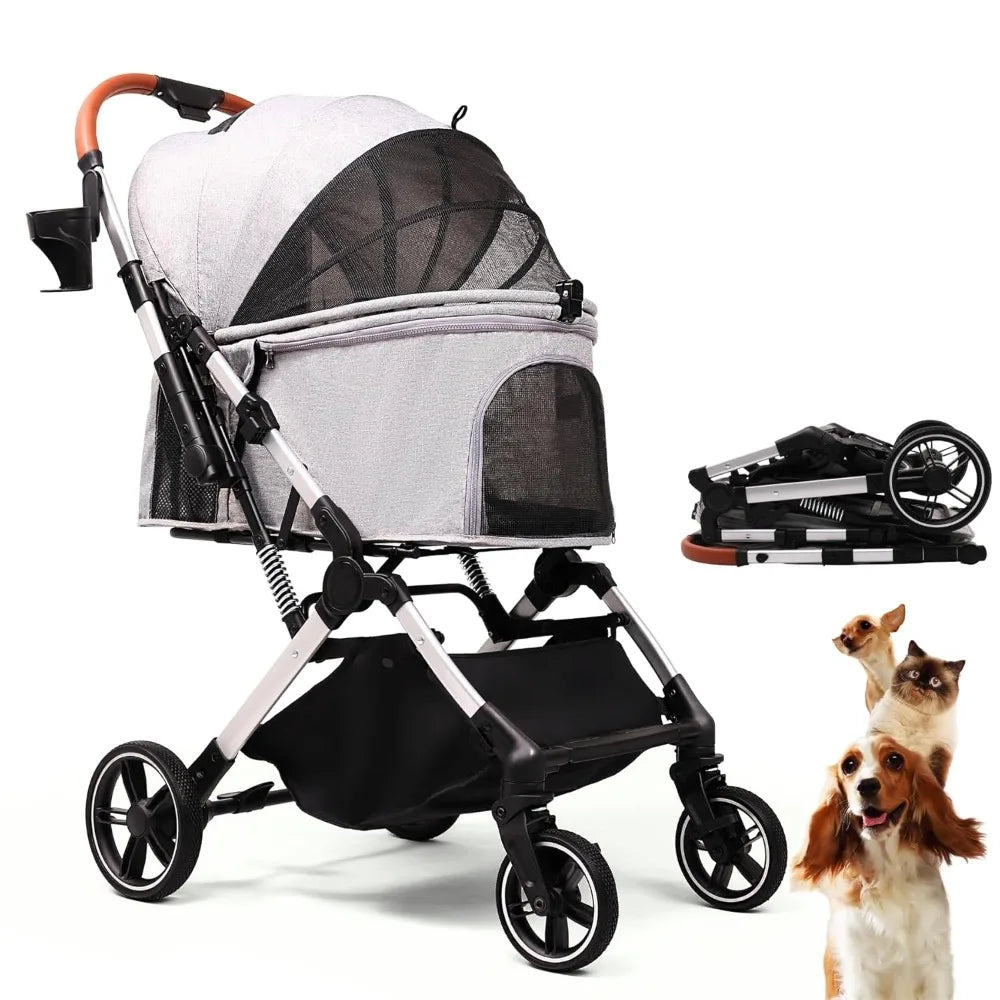 Stroller for Small Medium Dogs Cats Up to 45 lbs, Travel Lite Collapsible, All Terrain 4 Wheels for Jogging, Running, Grey