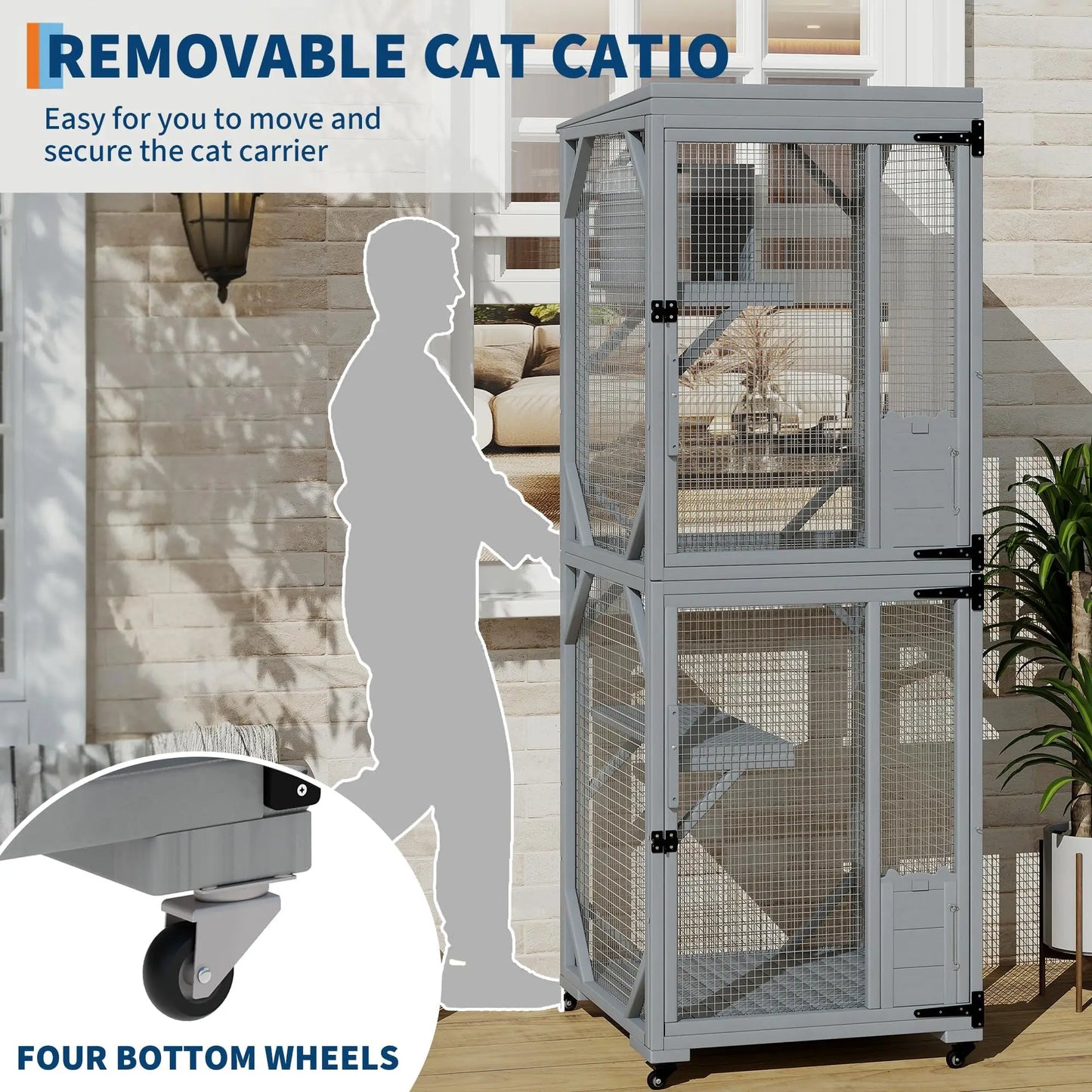 74.8" Large Catio Outdoor Cat Enclosure With 4 Lockable Wheels Weatherproof Multi-Door Cat House Patio Cattery For Multiple Cats