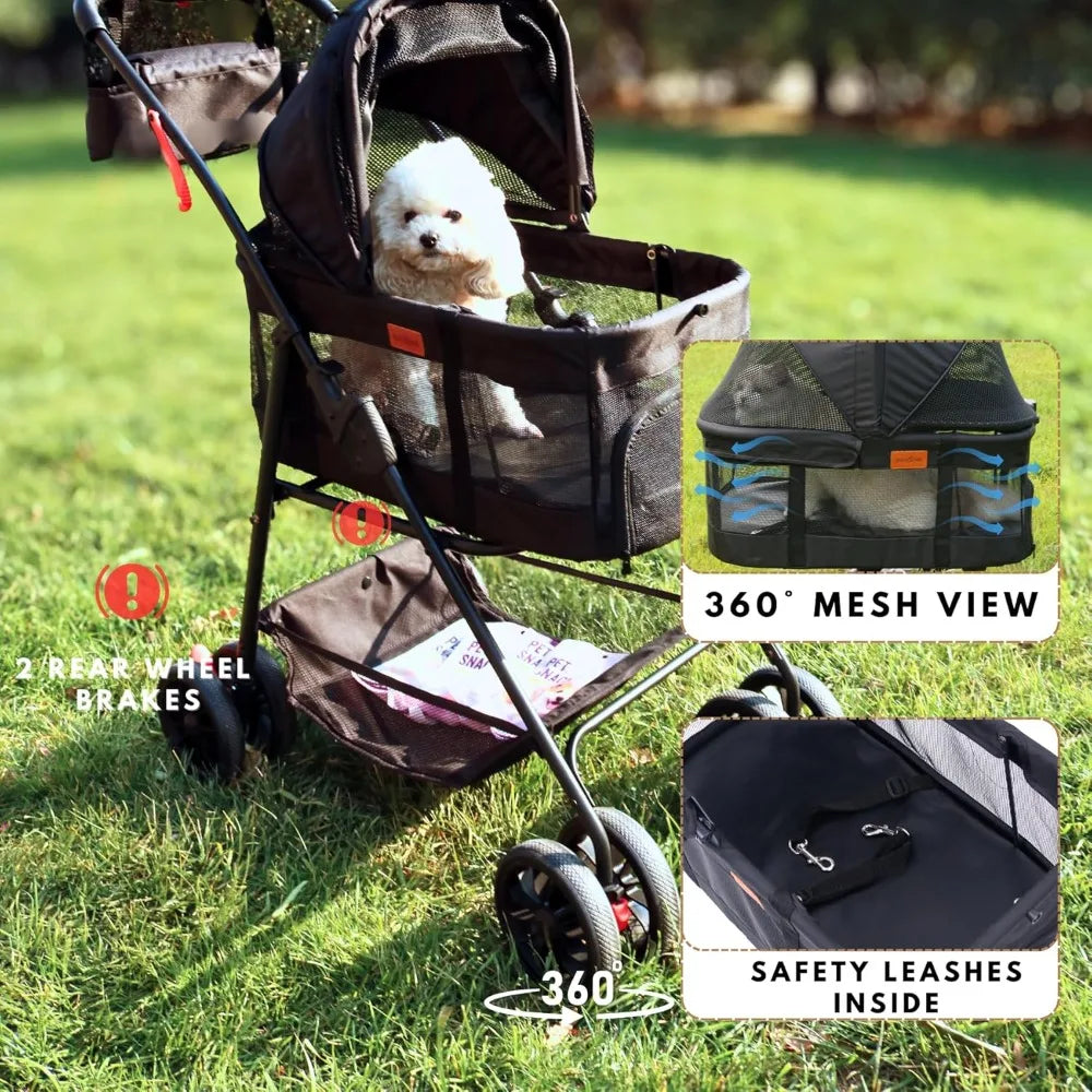 Pet Stroller for Small Dogs Cats with Wheels, Detachable Carrier, Max Load 33 lbs, Easy Folding, Compact Portable, Dog Carriage