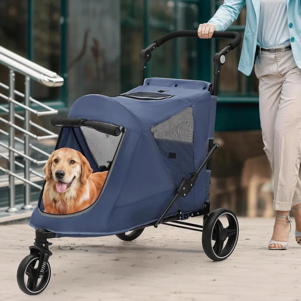 Pet Stroller for Medium Dogs with Adjustable Handle, 3-Wheel Dog Cat Wagon with Dual Entry, Rear Storage, Breathable Mesh