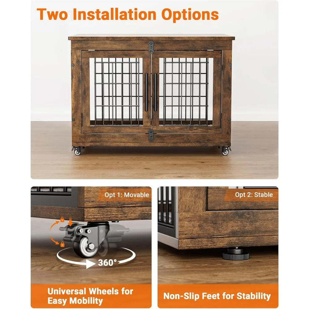 Dog Crate Furniture with Cushion, Wooden Dog Kennel Indoor with Double Doors, Cage with Wheels, Dog House Side End Table for
