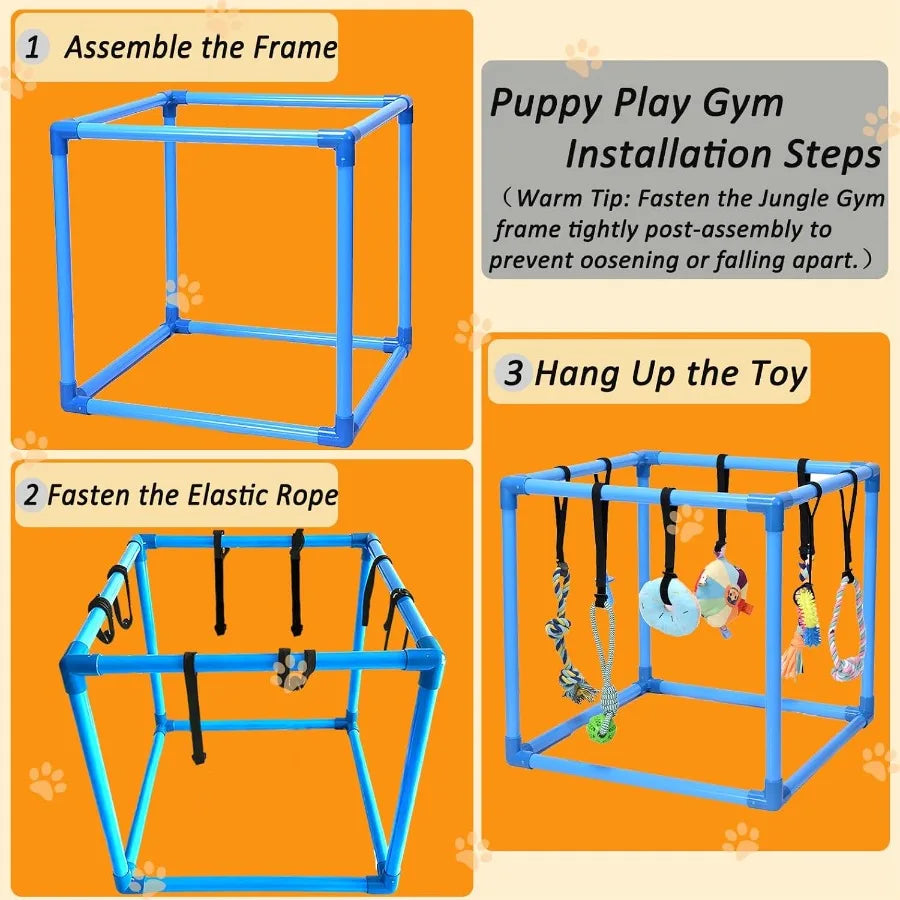 Puppy Play Gym with 8 Hanging Toys Interactive Indoor Jungle Gym ABS Frame with Adjustable Elastic Straps Little Puppy Teething