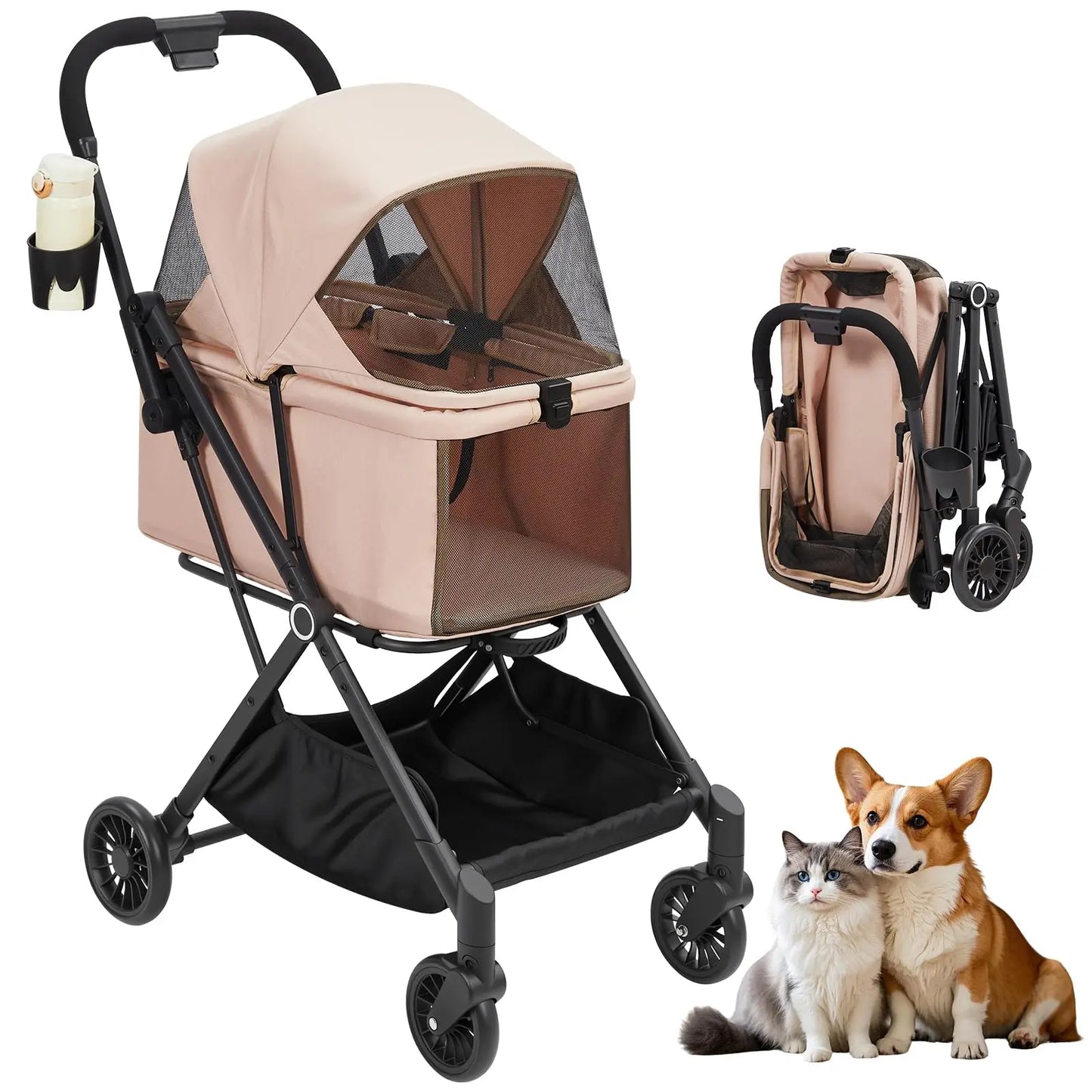 4-Wheel Lightweight Dog Stroller Foldable For Cats Dogs Up to 50 Lbs 360° Swivel Wheels & Foot Brake Weatherproof Pet Stroller