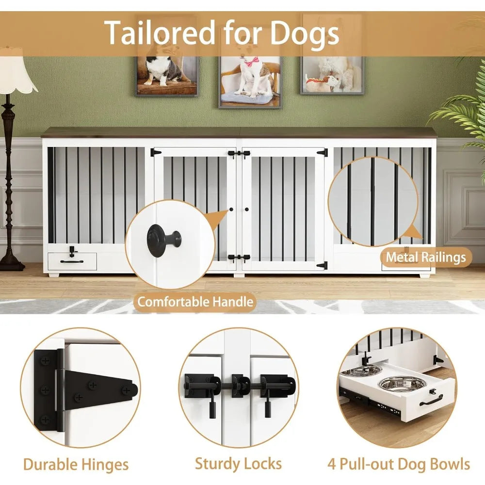Furniture Style Large Dog Crate for 2 Dogs, 86.6 Heavy Duty Wooden Dog Kennel with Dog Bowl Drawers & Divider, Indoor Furniture