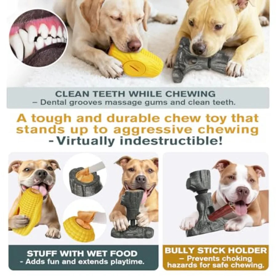 2-in-1 Durable Dog Toy Bundle for Small to Large Dogs: Bully Stick Holder Frozen Treat Slow Feeder in Natural Color Food-Safe I