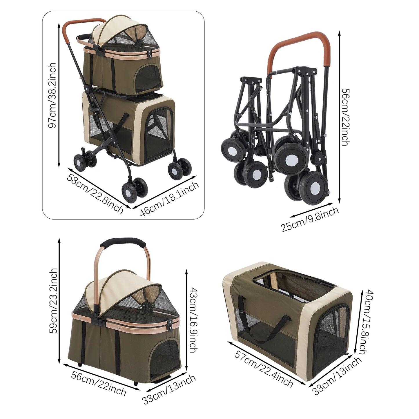 Double Decker Pet Stroller for 2 Cats or Small Dogs, 77lbs Capacity, Detachable Pet Carrier with Breathable Mesh and Soft Pad