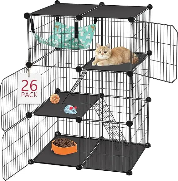 Cat Cage, 3-Tier DIY Catio Cat Enclosures, Cat Playpen Indoor & Outdoor with Hammock, Detachable Metal Wire Kennel Cats Crate, 2