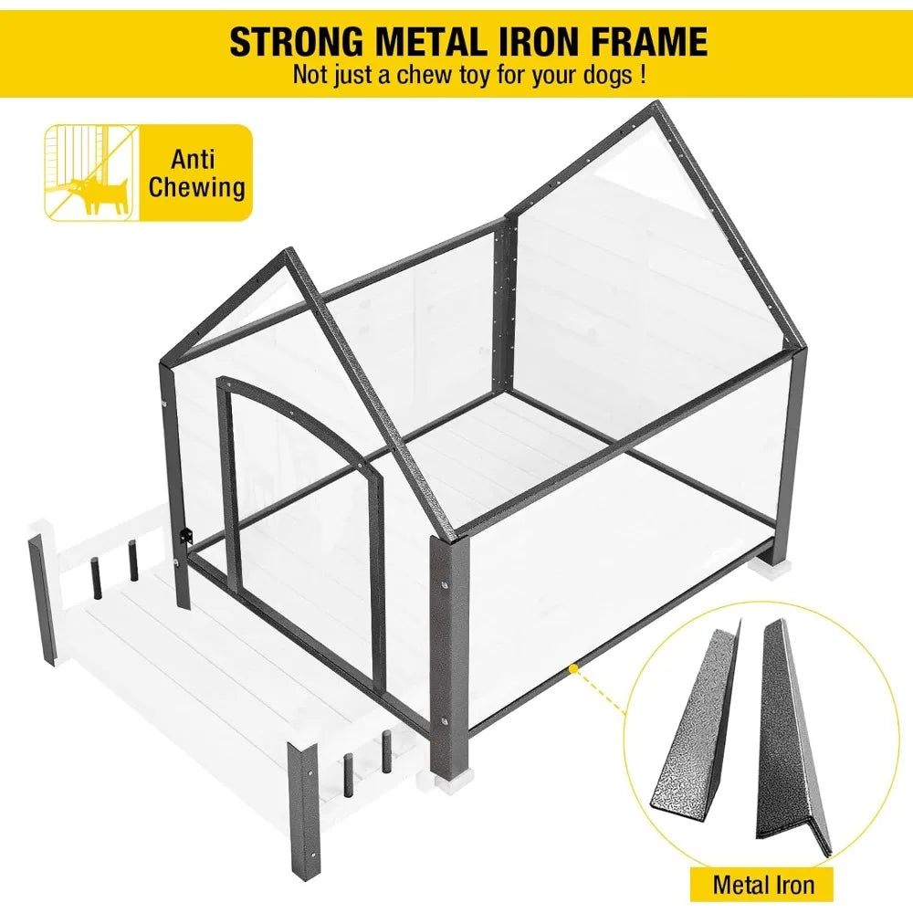 Aivituvin Dog House Outdoor with Metal Frame, Dog Kennel Outside for Small to Medium Breed, 45 Weatherproof Large Dog Shelter wi