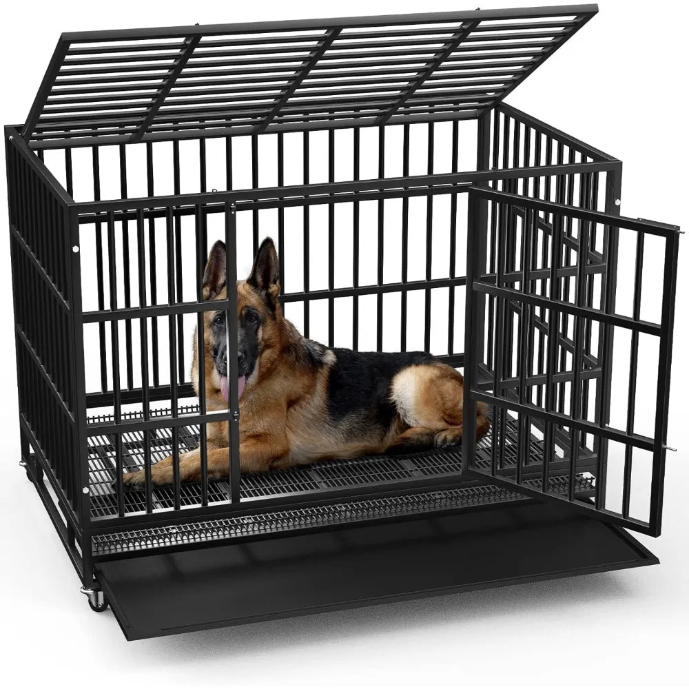 Sturdy 48/38 Inch Dog Crate with Lockable Wheels and High Anxiety Security for Large Breeds