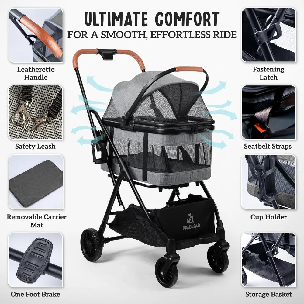 Stroller with Detachable Carrier - Ideal for Small to Medium Dogs & Cats - Compact & Convenient Design - Easy Assembly Pet S