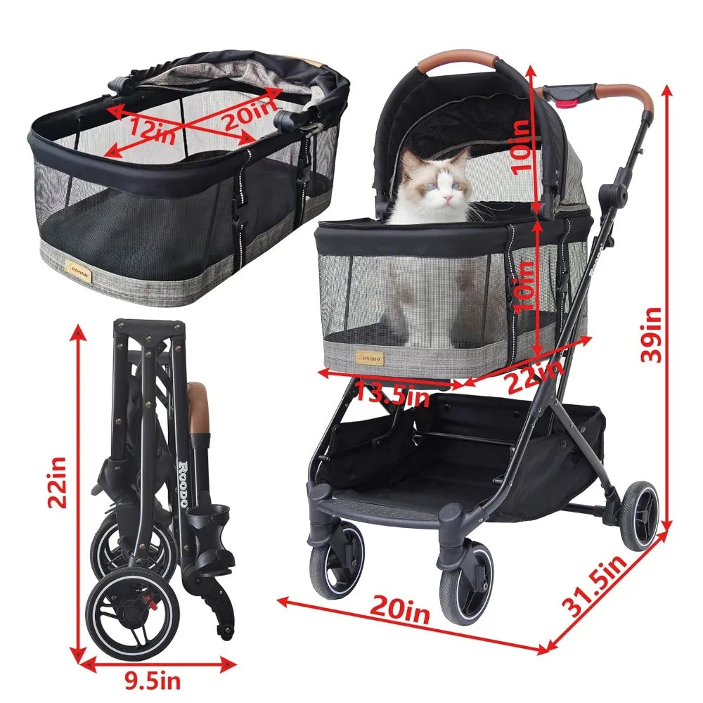 Fashion 3-in-1 Dog Cat Stroller with Detachable Carrier&Car Seat Combo Best Lightweight Folding Portable All-Terrain Travel