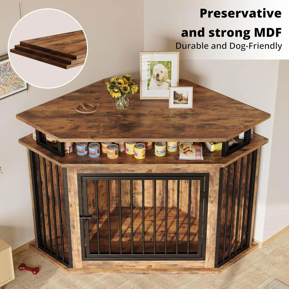 51 Corner Wooden Dog Crate Furniture with 2-Tier Shelves, Pet Kennel for Large Dogs, Space-Saving Dog Cage for TV Stand