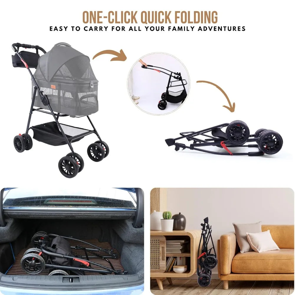 Pet Stroller for Small Dogs Cats with Wheels, Detachable Carrier, Max Load 33 lbs, Easy Folding, Compact Portable, Dog Carriage