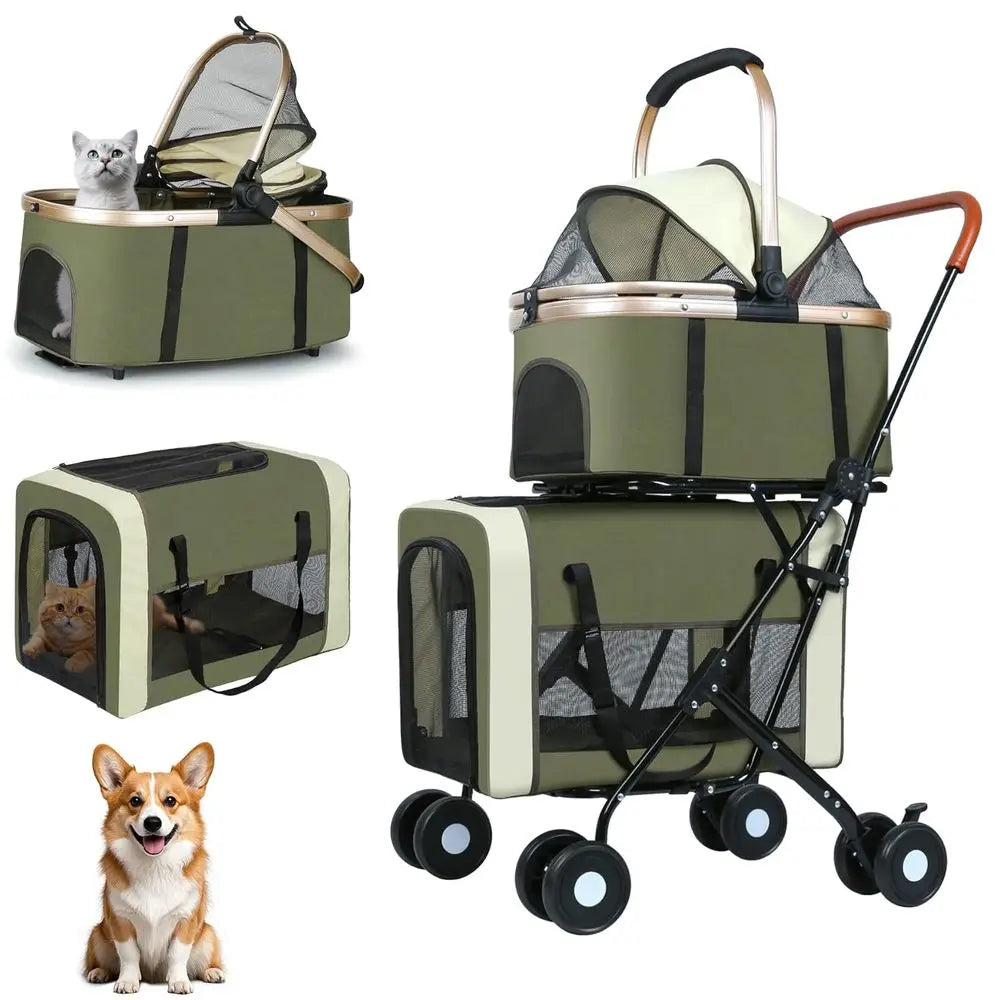 Pet Stroller Foldable Travel Carriage with Detachable Carriers, Safety Belts, and 4 Lockable Wheels for Small to Medium Pets – I